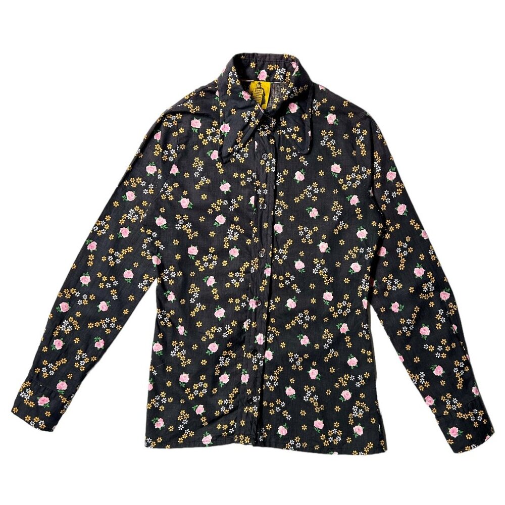 70s vintage floral blouse FITS dagger collar button up novelty print retro boho.